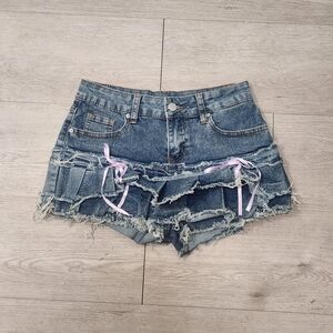 SHEIN Blue Distressed Jean Shorts with Pink Ties